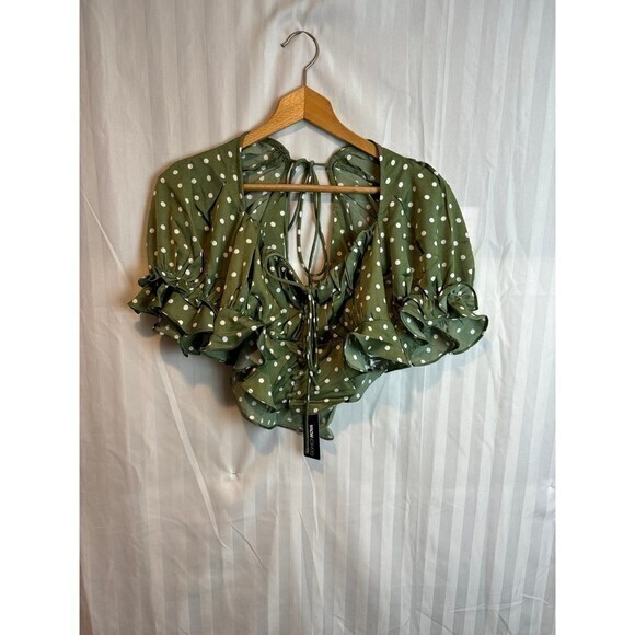 Sage Polka Dots Cropped Smocked Back Blouse Top Size M RefM010 - Picture 3 of 6
